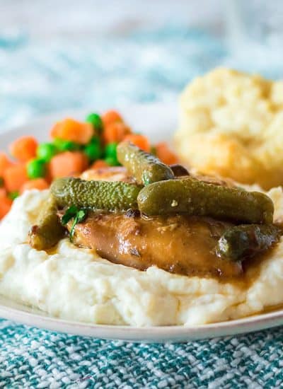dill pickle chicken over mashed potatoes.
