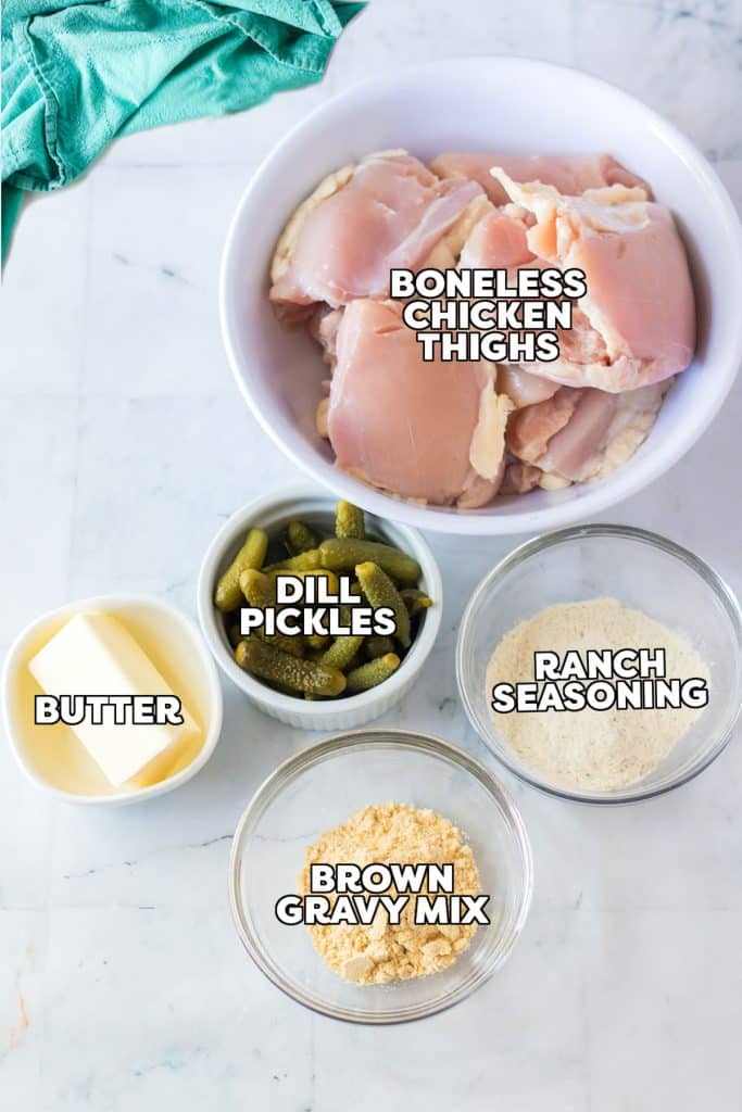 overhead shot of labeled ingredients laid out to make dill pickle chicken in a slow cooker.