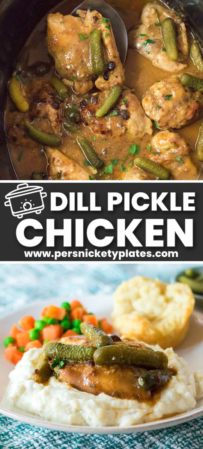 This Slow Cooker Dill Pickle Chicken delivers a hearty homestyle dinner that is brimming with flavor! Thighs are cooked low and slow in dill pickle juice, ranch seasoning, and melting butter resulting in tender chicken smothered in a delicious gravy. Serve it over mashed potatoes or noodles for a yummy meal idea any day of the week! | www.persnicketyplates.com