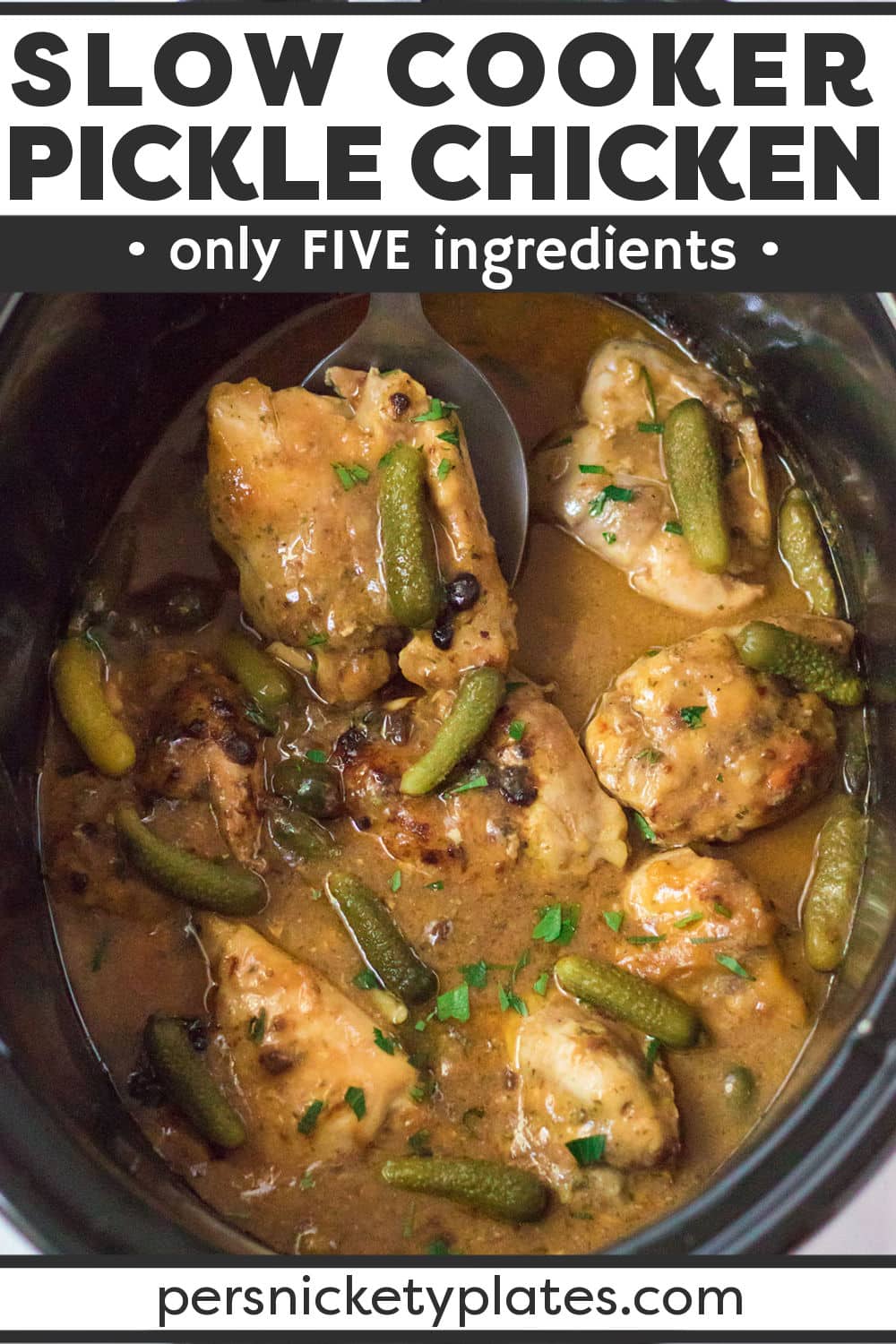 This Slow Cooker Dill Pickle Chicken delivers a hearty homestyle dinner that is brimming with flavor! Thighs are cooked low and slow in dill pickle juice, ranch seasoning, and melting butter resulting in tender chicken smothered in a delicious gravy. Serve it over mashed potatoes or noodles for a yummy meal idea any day of the week! | www.persnicketyplates.com