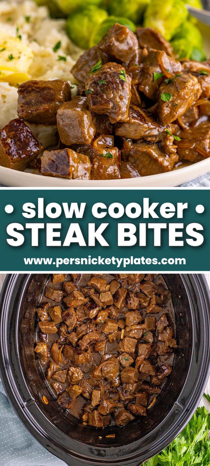 Slow cooker steak bites are juicy, fall-apart tender, and flavorful pieces of meat without all the fuss of having to cook a whole steak! This dump-and-set recipe is pure comfort food that is best served over mashed potatoes or noodles to soak up the delicious gravy! | www.persnicketyplates.com
