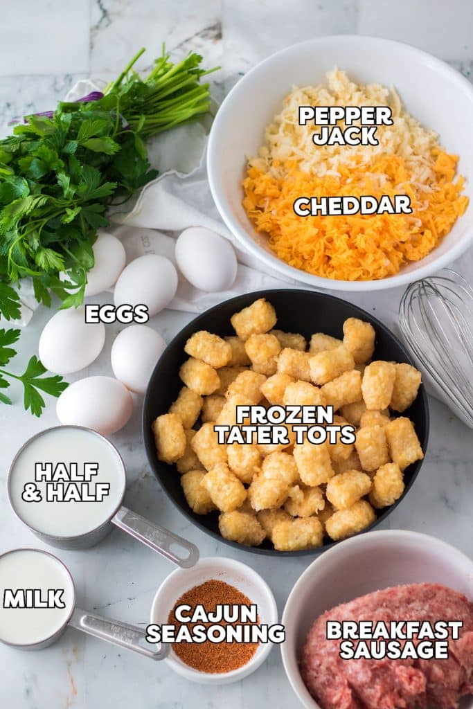 overhead shot of labeled ingredients to make a tater tot casserole.