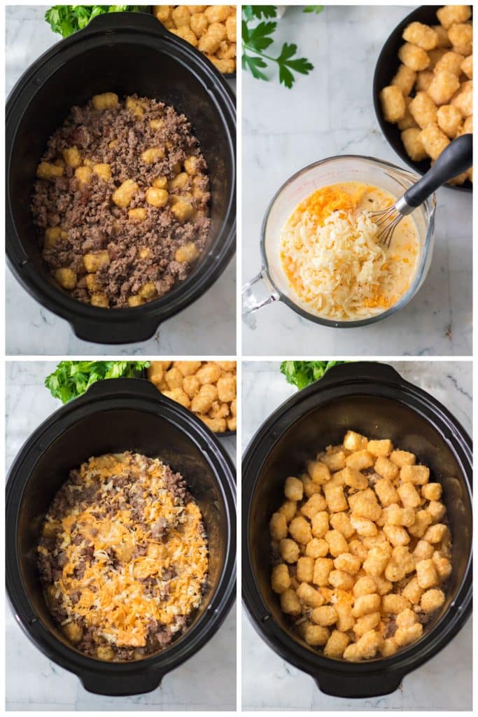 collage of 4 photos showing the process of making tater tot casserole in the slow cooker.