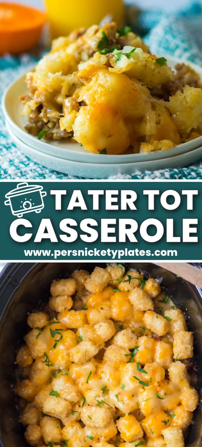 Slow Cooker Tater Tot Breakfast Casserole is a delicious, hearty breakfast bake that comes together right in the slow cooker!  Tater tots, sausage, eggs, and cheese make this savory casserole a favorite for kids and adults alike! | www.persnicketyplates.com