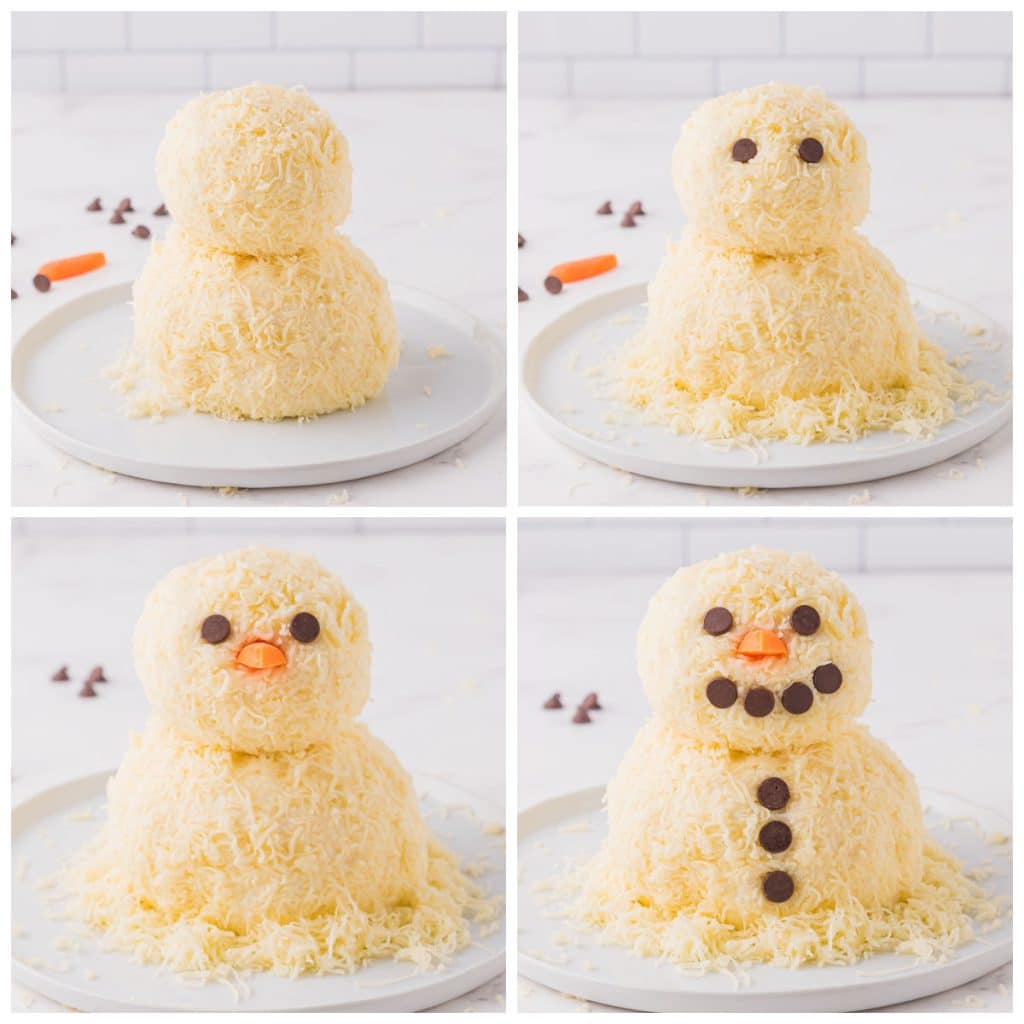 collage of 4 photos showing the process of decorating a cheese ball like a snowman.