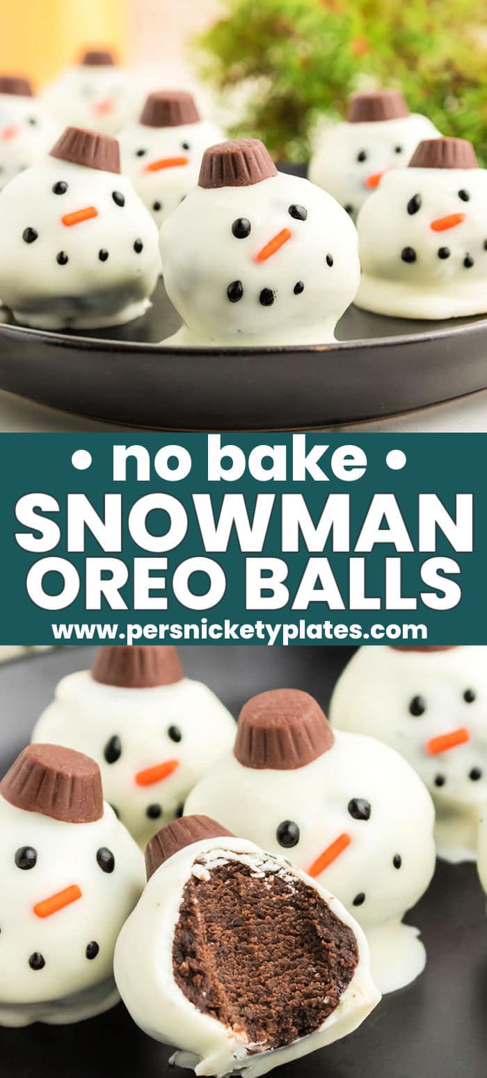 Festive Snowman Oreo balls are impressive, adorable and so much fun to make! With just 5 minutes of prep time and a few simple ingredients, these fudgy no-bake treats are ready to serve in just 30 minutes. They're the perfect addition to any holiday dessert tray! | www.persnicketyplates.com