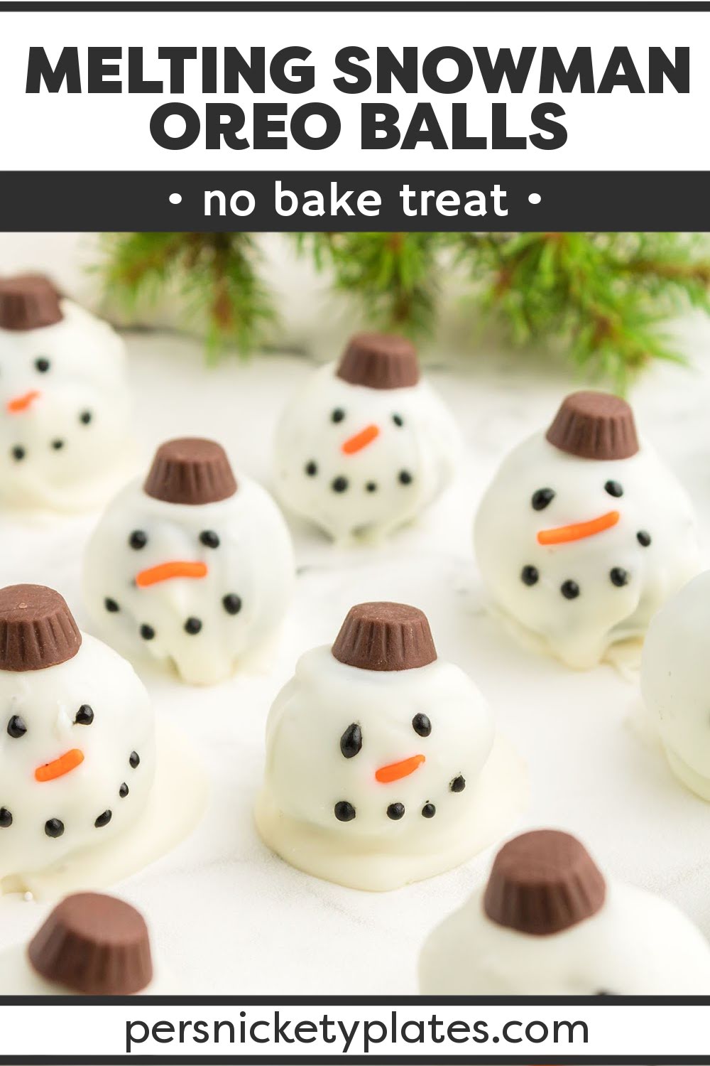 Festive Snowman Oreo balls are impressive, adorable and so much fun to make! With just 5 minutes of prep time and a few simple ingredients, these fudgy no-bake treats are ready to serve in just 30 minutes. They're the perfect addition to any holiday dessert tray! | www.persnicketyplates.com