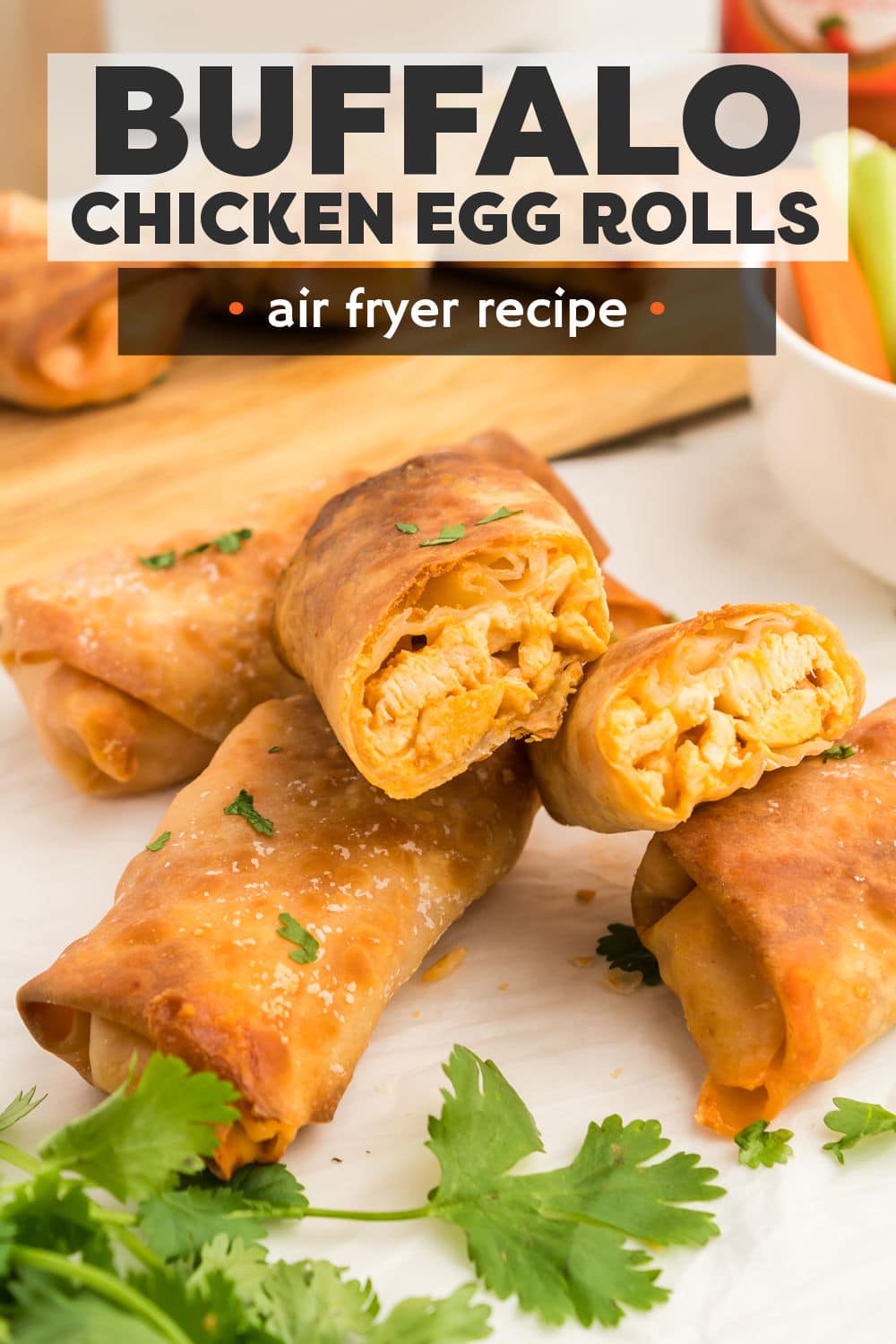 Air Fryer buffalo chicken egg rolls are what happen when buffalo chicken dip and egg rolls have a baby! Such a fun way to enjoy your favorite buffalo chicken flavors! Golden and crispy on the outside with a creamy, cheesy buffalo chicken filling that comes together in 30 minutes without the need for any deep frying! | www.persnicketyplates.com