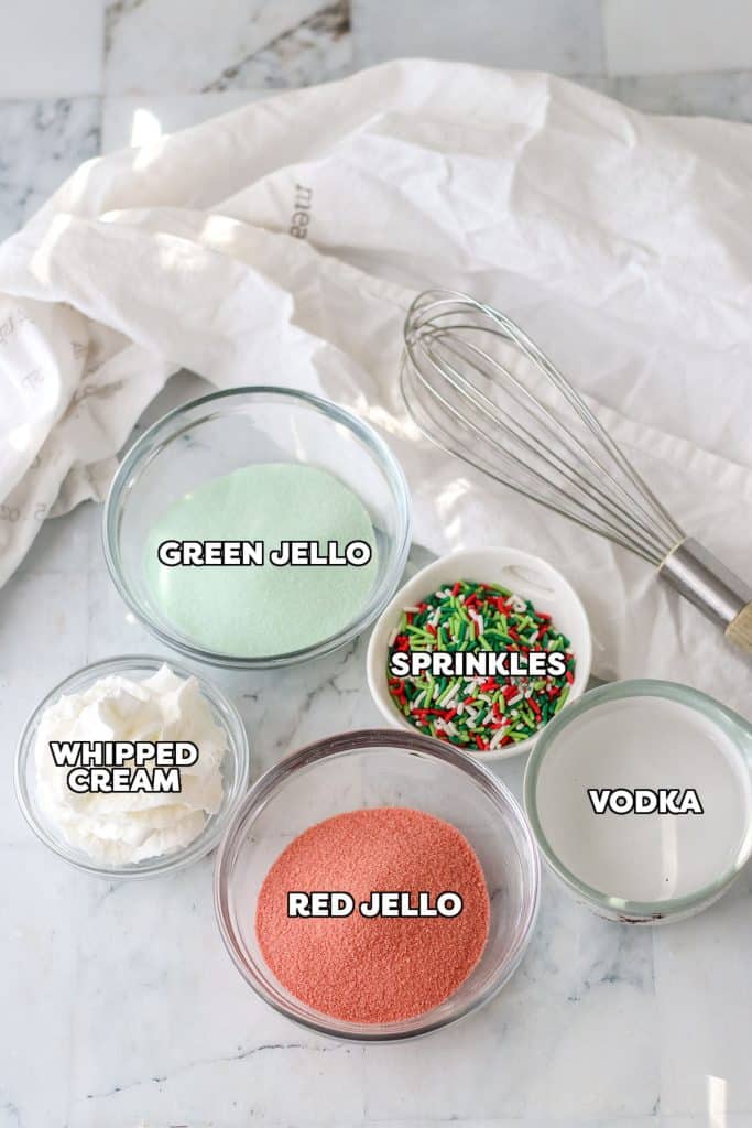 overhead shot of labeled ingredients for jello shots.