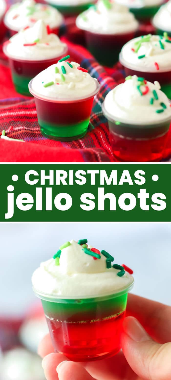 These Christmas Jello Shots are made with simple ingredients and will put the holiday spirit into your holiday season. Red and green jello are layered together then topped with whipped cream and festive sprinkles. Perfect for holiday parties! | www.persnicketyplates.com