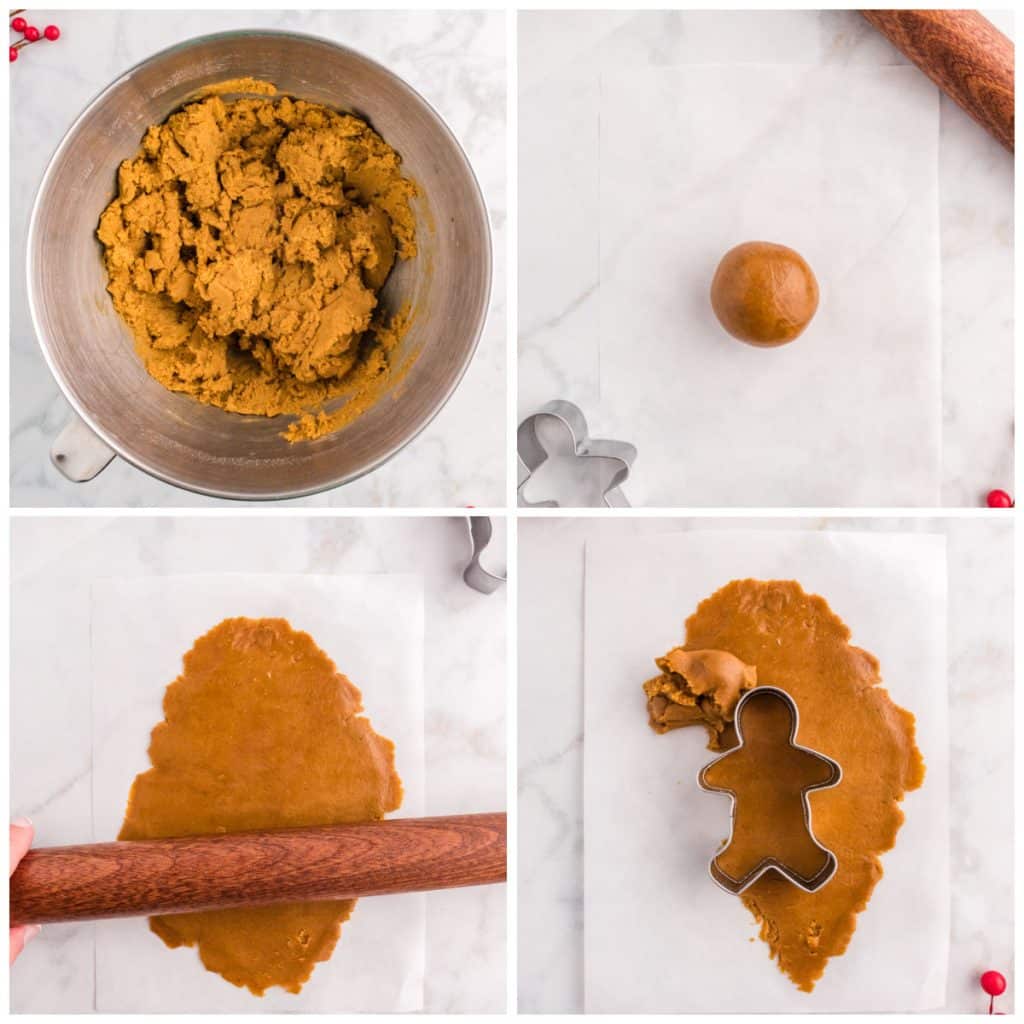 collage of 4 photos showing the process of rolling out & cutting a gingerbread man cookie.