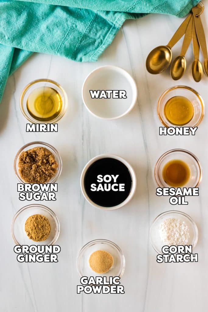 overhead shot of labeled ingredients laid out to make teriyaki sauce.