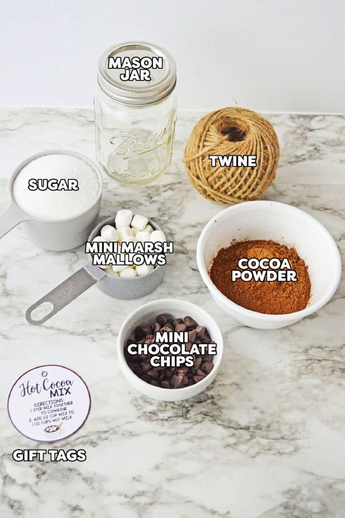 overhead shot of labeled ingredients to make DIY hot cocoa mix.
