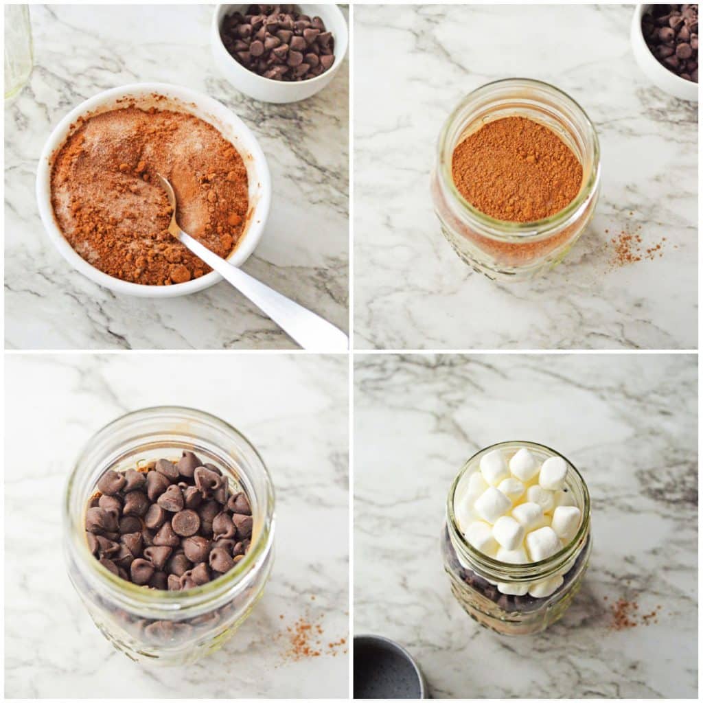 collage of 4 photos showing the process of making homemade hot cocoa mix.