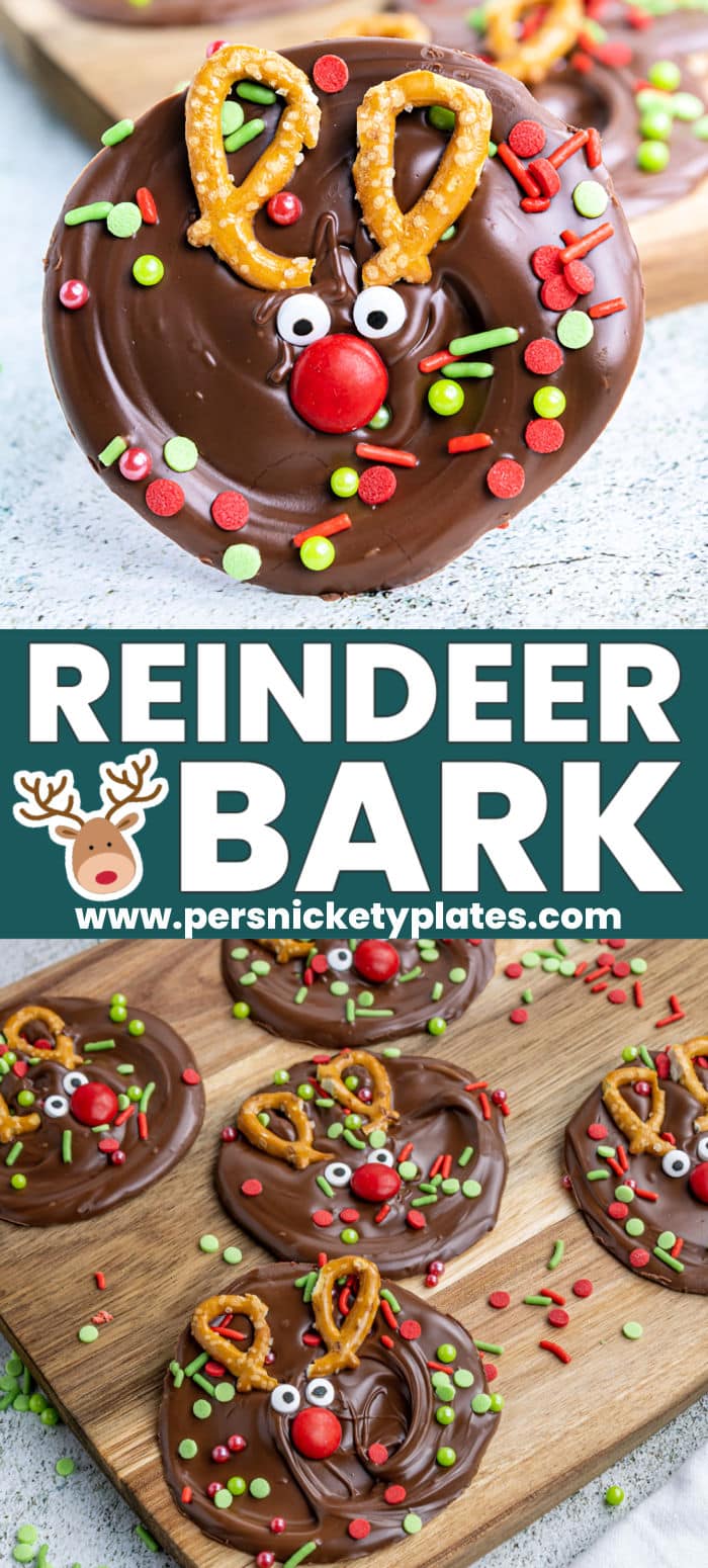 No-bake melted reindeer bark is an adorable and festive treat that can be made with a handful of ingredients in just 25 minutes, including chill time! Bite-size melt-in-your-mouth chocolate rounds with candy for the face and crunchy pretzels for the antlers are an edible craft that anyone can make! | www.persnicketyplates.com