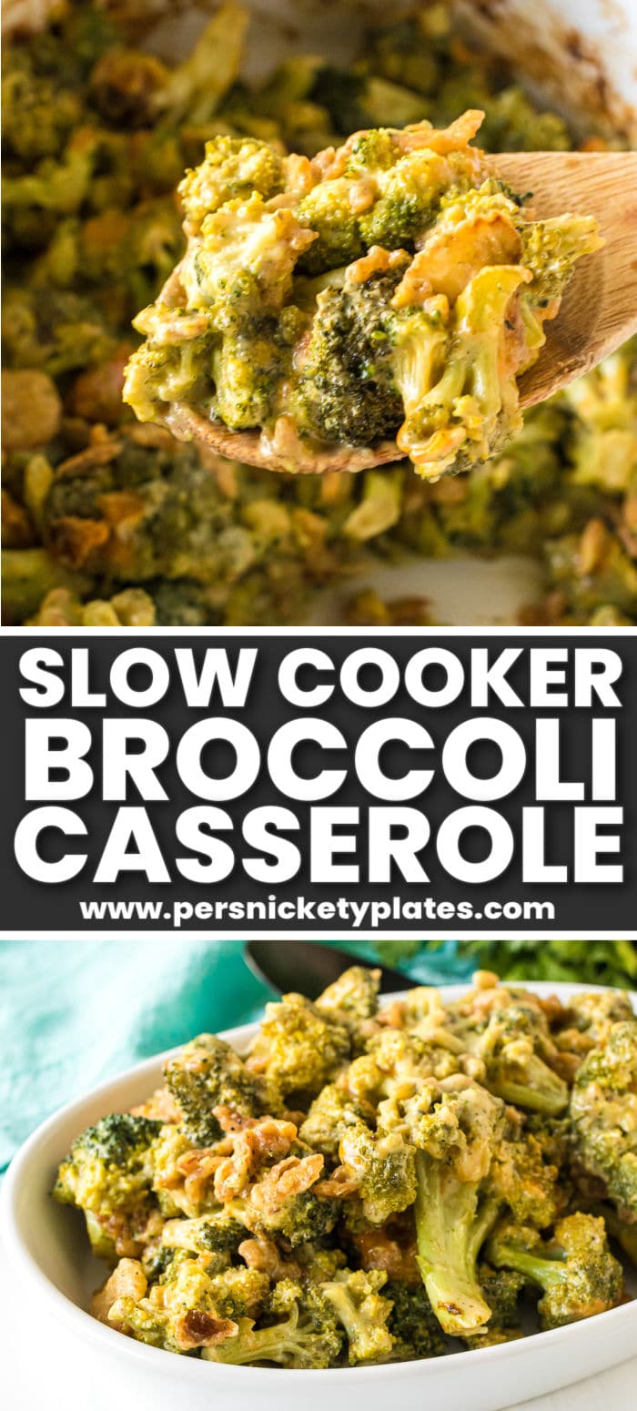 This Slow Cooker Broccoli Casserole is made from scratch (no canned soup) and is the perfect side dish for holiday dinners but easy enough to make any weeknight. It’s cheesy and creamy with the perfect crunch from fried onions and made simple in the crockpot! | www.persnicketyplates.com