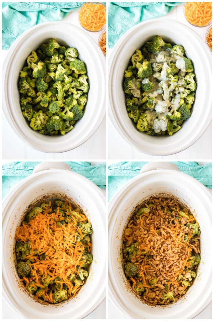 collage of 4 photos showing the process of making broccoli casserole in a slow cooker.