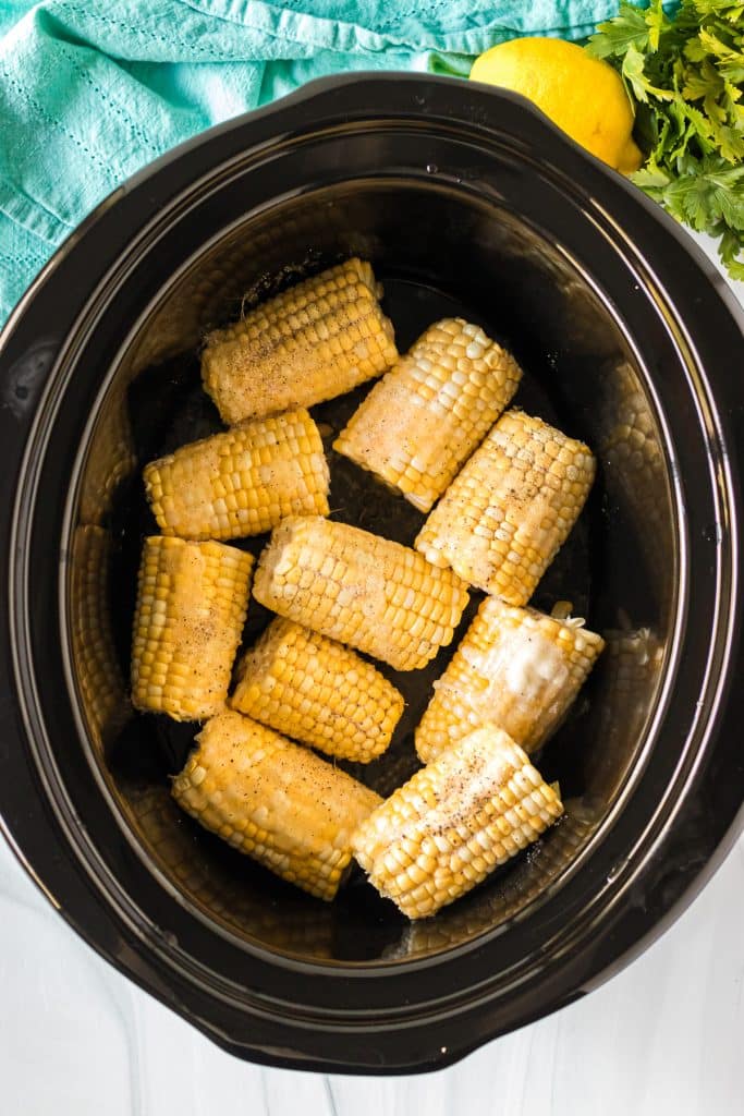 overhead shot of corn cob pieces in a slow cooker.
