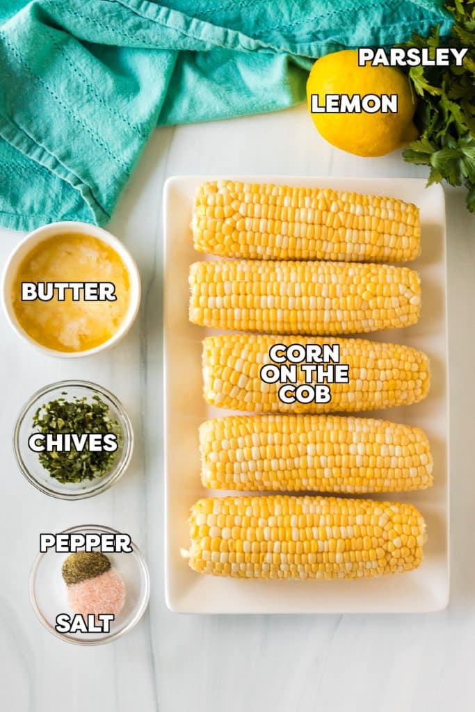 overhead shot of labeled ingredients to make corn on the cob.