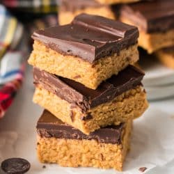 stack of 3 chocolate peanut butter bars.