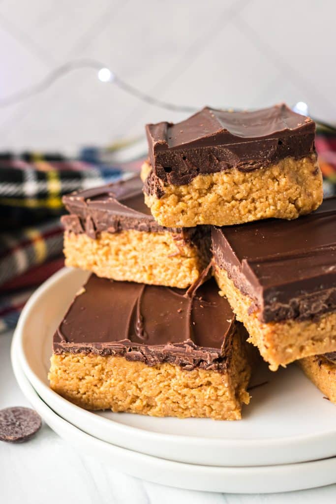 platter of peanut butter bars in a stack.