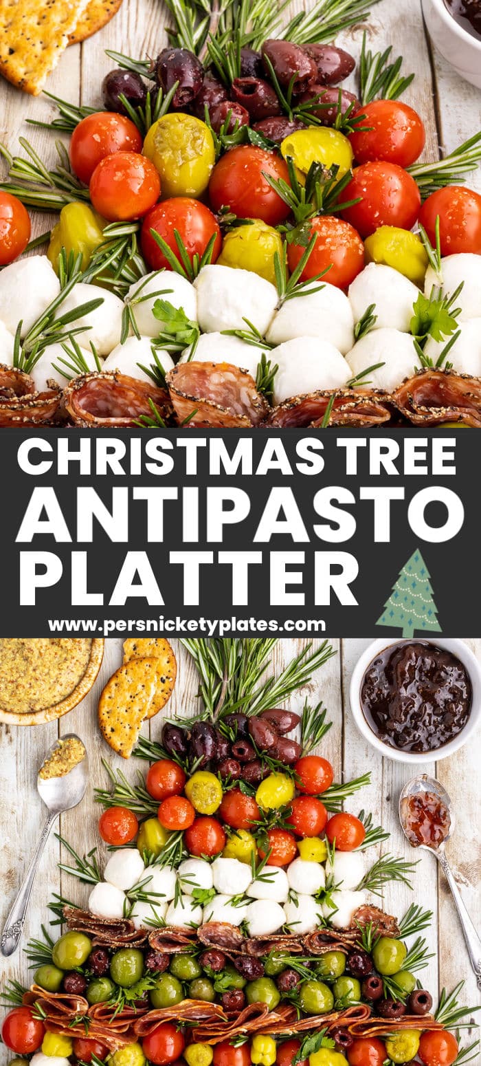 This fun and festive Christmas Tree Antipasto Platter only takes 20 minutes to put together and will look so pretty on your holiday table! | www.persnicketyplates.com
