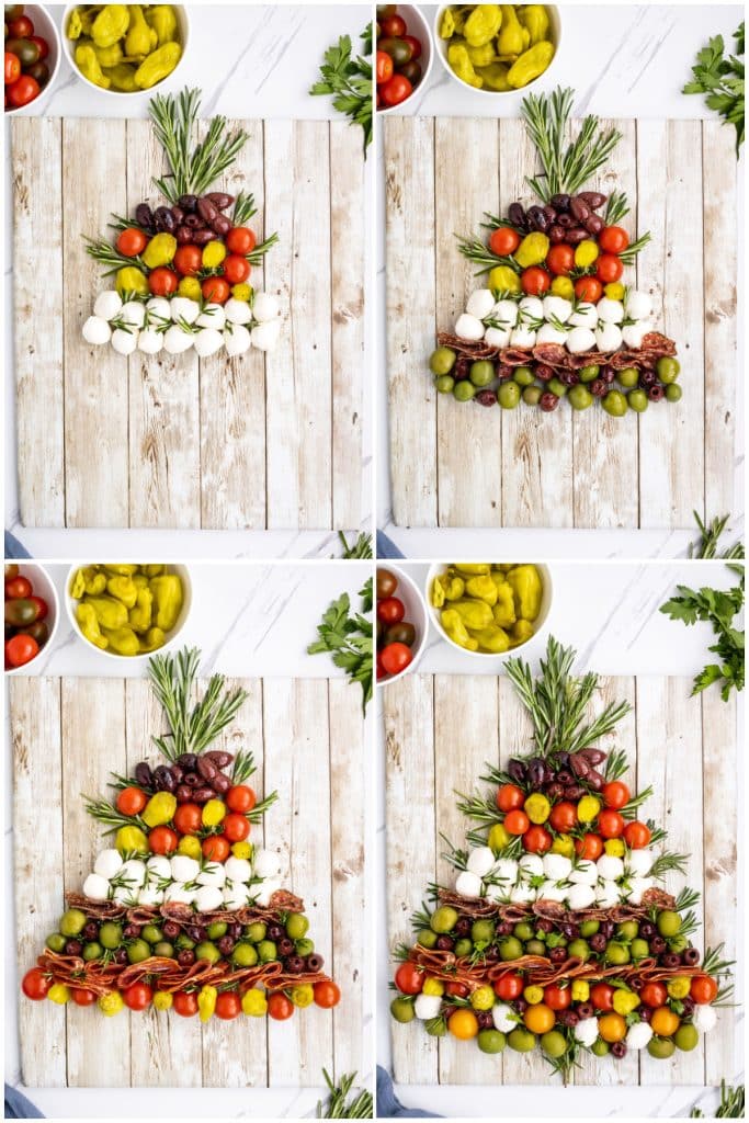 collage of 4 photos showing the building of an antipasto platter shaped like a christmas tree.