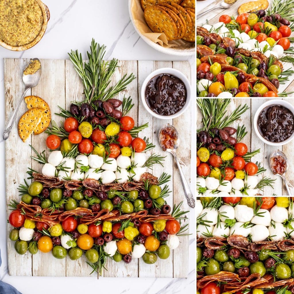 collage of photos showing a tree shaped antipasto platter.