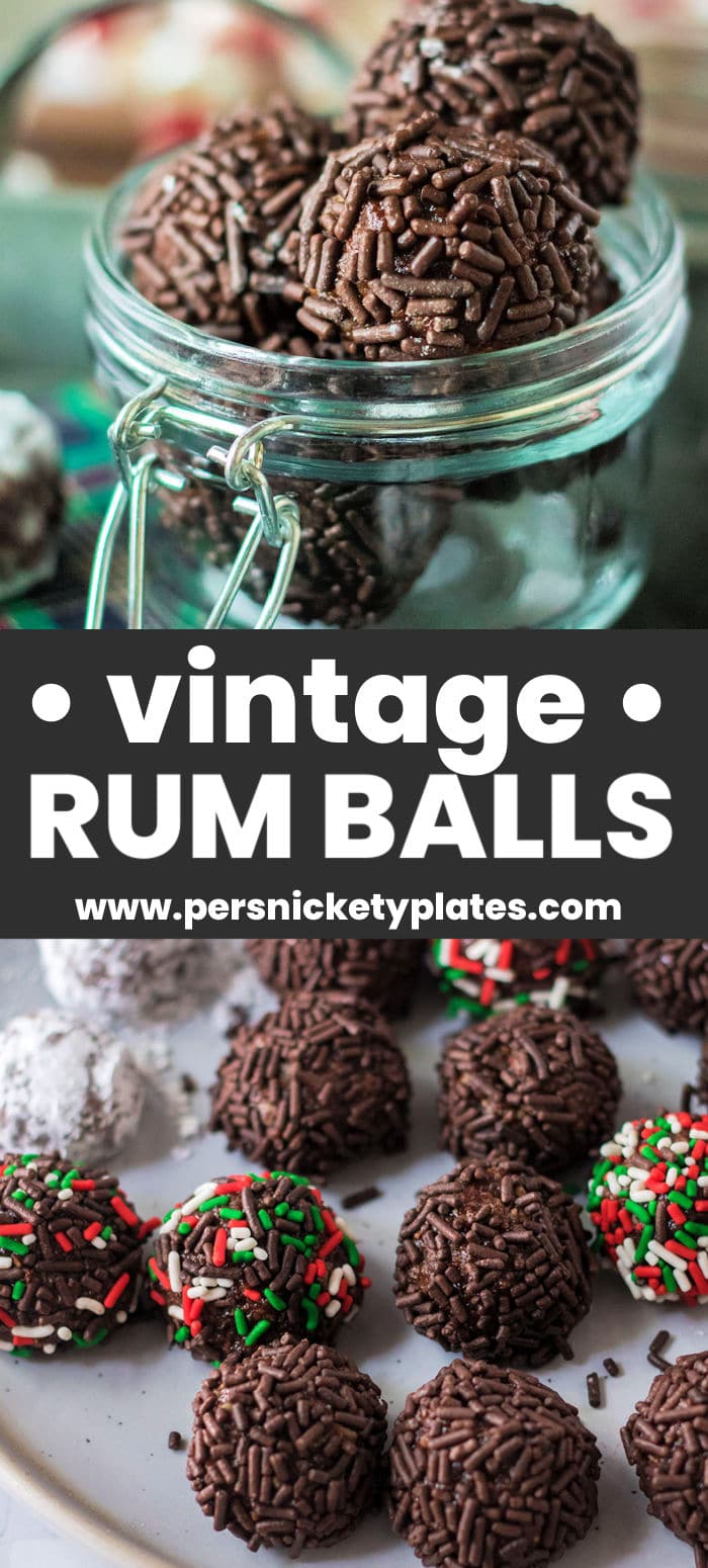 Traditional rum balls are an easy, no-bake holiday staple. Vanilla wafers, cocoa powder, pecans, and honey come together with powdered sugar and sprinkles to give them a sweet, chocolatey, nutty flavor, with a kick of rum! | www.persnicketyplates.com