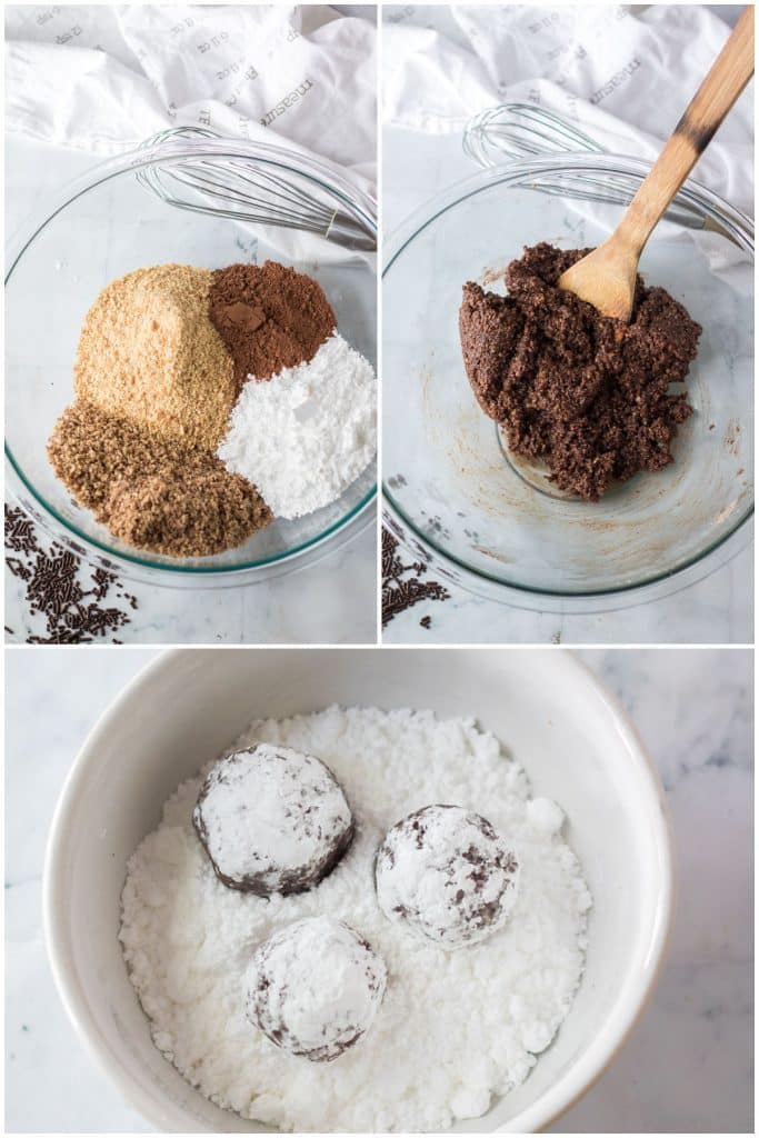 collage of 3 photos showing the process of making rum balls.