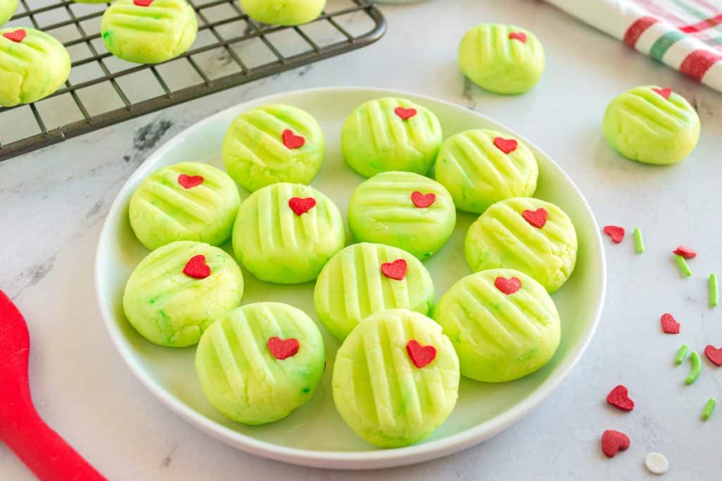 plate of grinch cream cheese mints. 