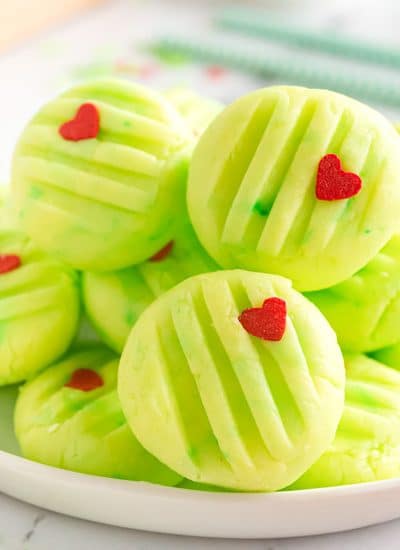 plate of grinch christmas cream cheese mints.
