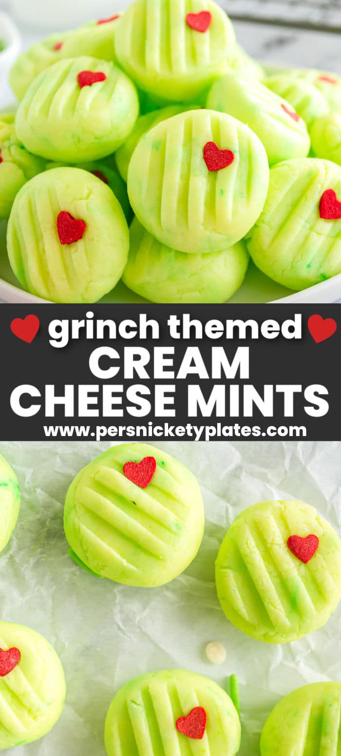 These simple Grinch-themed Christmas cream cheese mints are super cute and made with only six ingredients. The classic Christmas mints are dyed a Grinchy green and topped with a red heart sprinkle. | www.persnicketyplates.com
