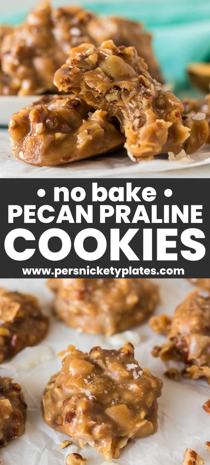 These easy, no-bake Coconut Praline Cookies combine pecans, chewy coconut, and sugar with a sprinkle of sea salt for balance, into the perfect sweet treat. Everything you love about pralines in handheld cookie form! | www.persnicketyplates.com