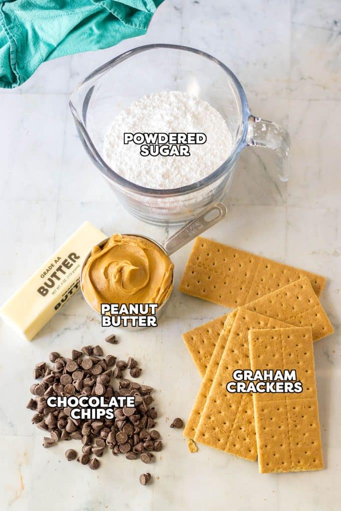 overhead shot of labeled ingredients laid out to make peanut butter bars.
