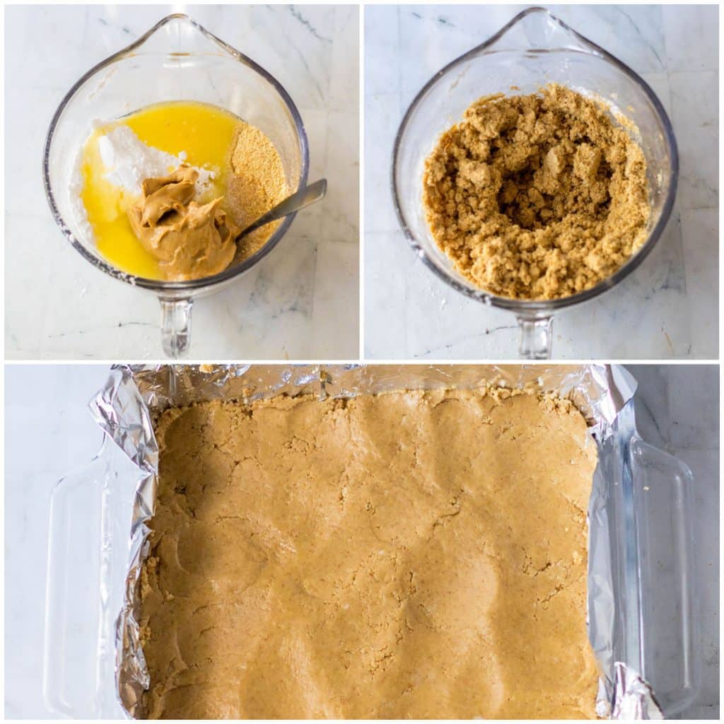 collage of 3 photos showing the process of making peanut butter bars.