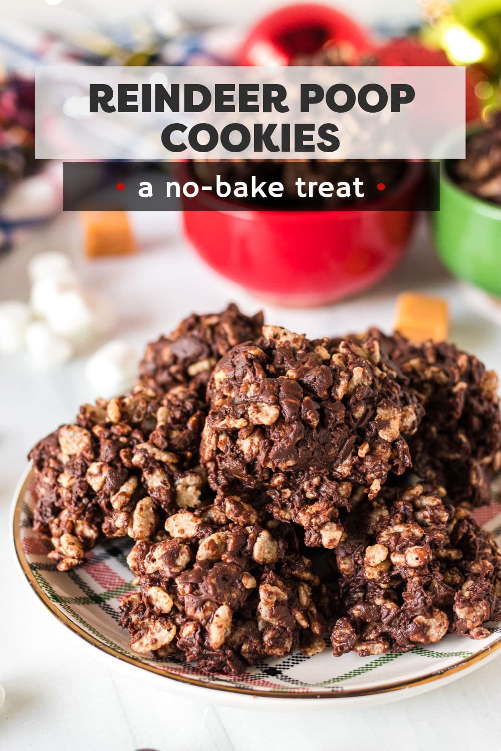 These Reindeer Poop Cookies will make kids and adults snicker while also being your new favorite no-bake Christmas cookie! Filled with chewy caramels, marshmallows, rice krispies, and a deep chocolatey flavor, these Reindeer Poop cookies are sure to be a hit. | www.persnicketyplates.com