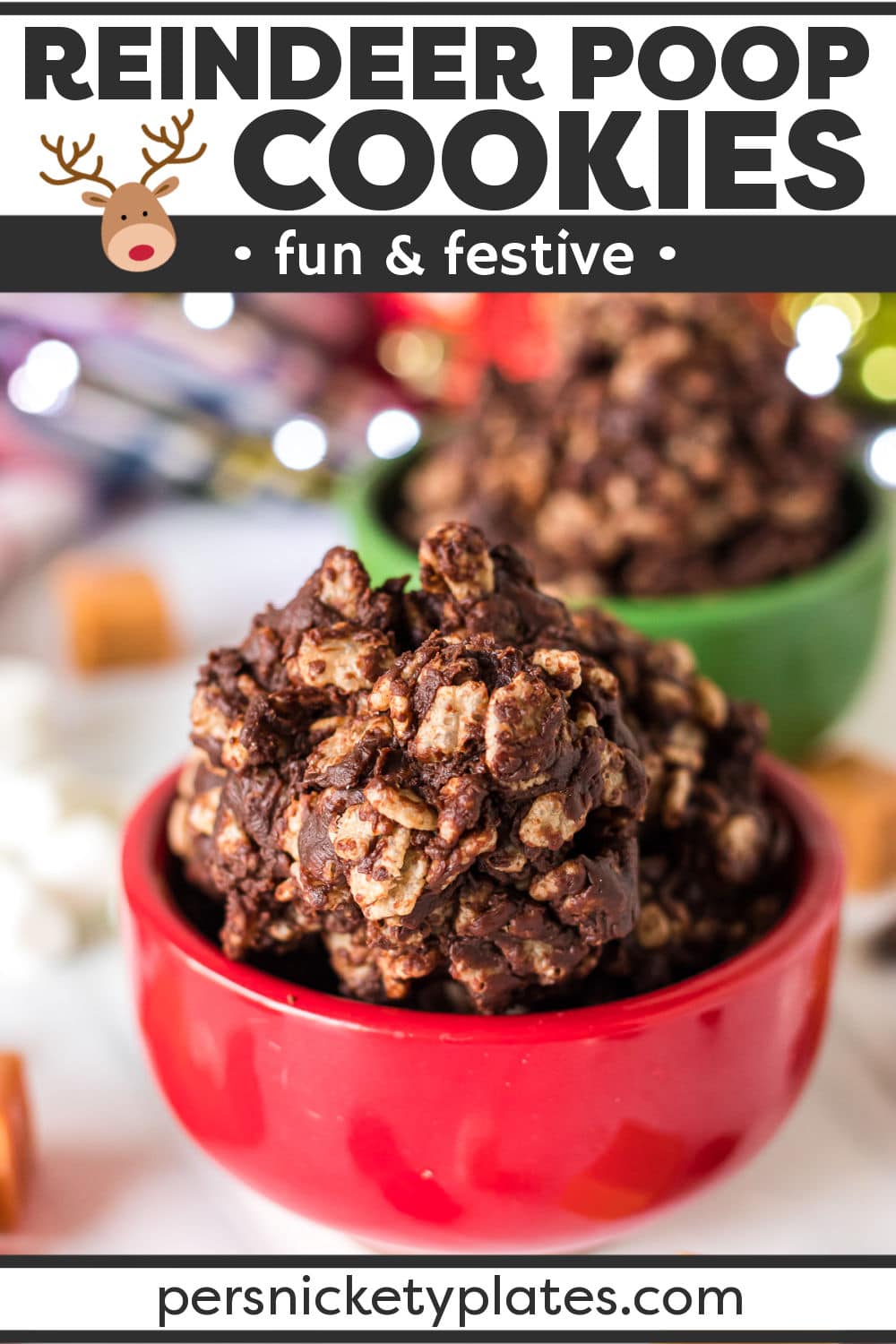 These Reindeer Poop Cookies will make kids and adults snicker while also being your new favorite no-bake Christmas cookie! Filled with chewy caramels, marshmallows, rice krispies, and a deep chocolatey flavor, these Reindeer Poop cookies are sure to be a hit. | www.persnicketyplates.com
