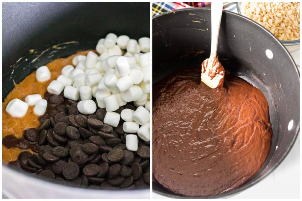 collage of 2 photos showing the melting of chocolate and marshmallows.