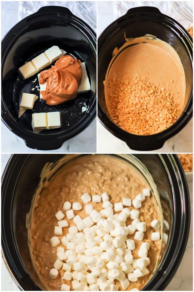 collage of 3 photos showing the process of making avalanche cookies in a crockpot.