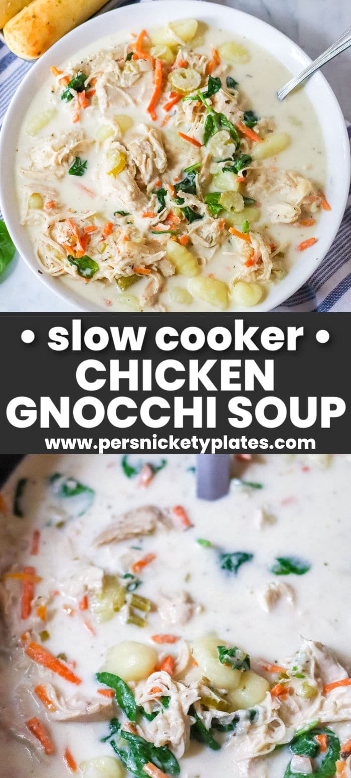 This creamy Slow Cooker Chicken Gnocchi Soup is an Olive Garden copycat recipe. Filled with shredded chicken, potato gnocchi, and spinach, this soup is super simple to throw together in the crockpot! | www.persnicketyplates.com