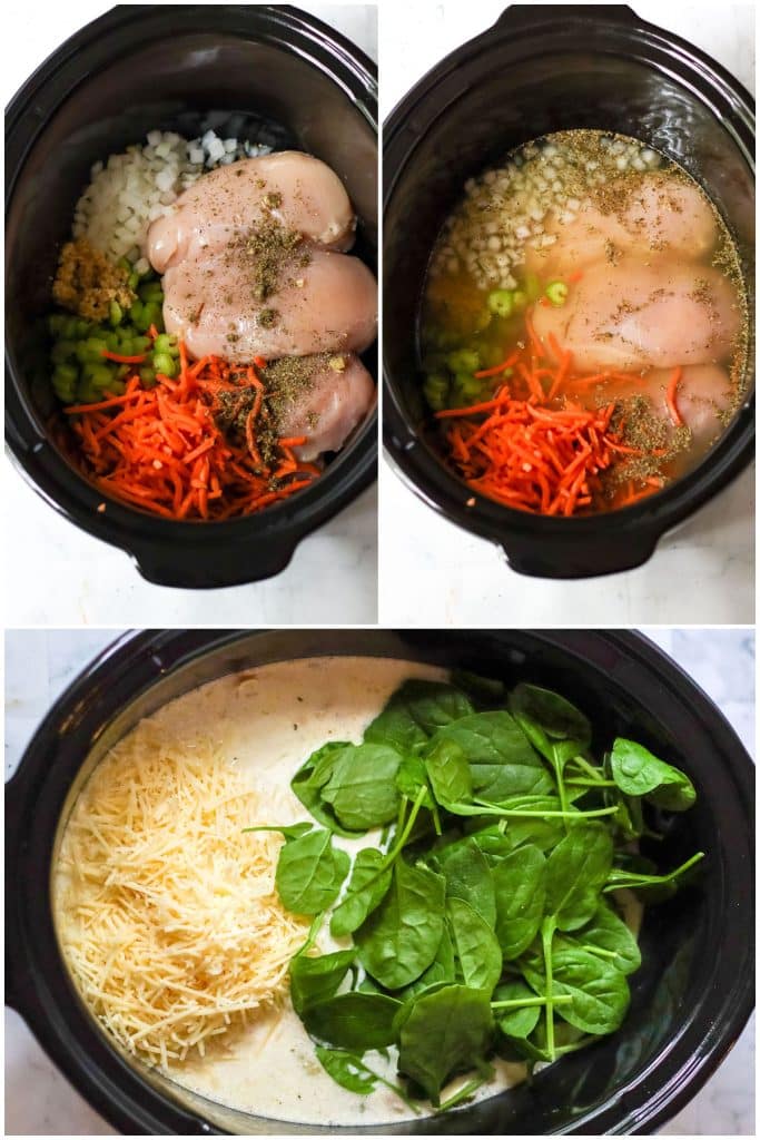 collage of 3 photos showing the process of making chicken gnocchi soup in a crockpot.