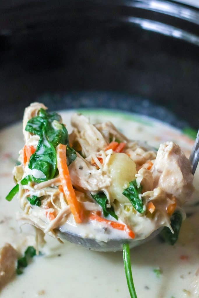 ladle scooping chicken gnocchi soup from a slow cooker.