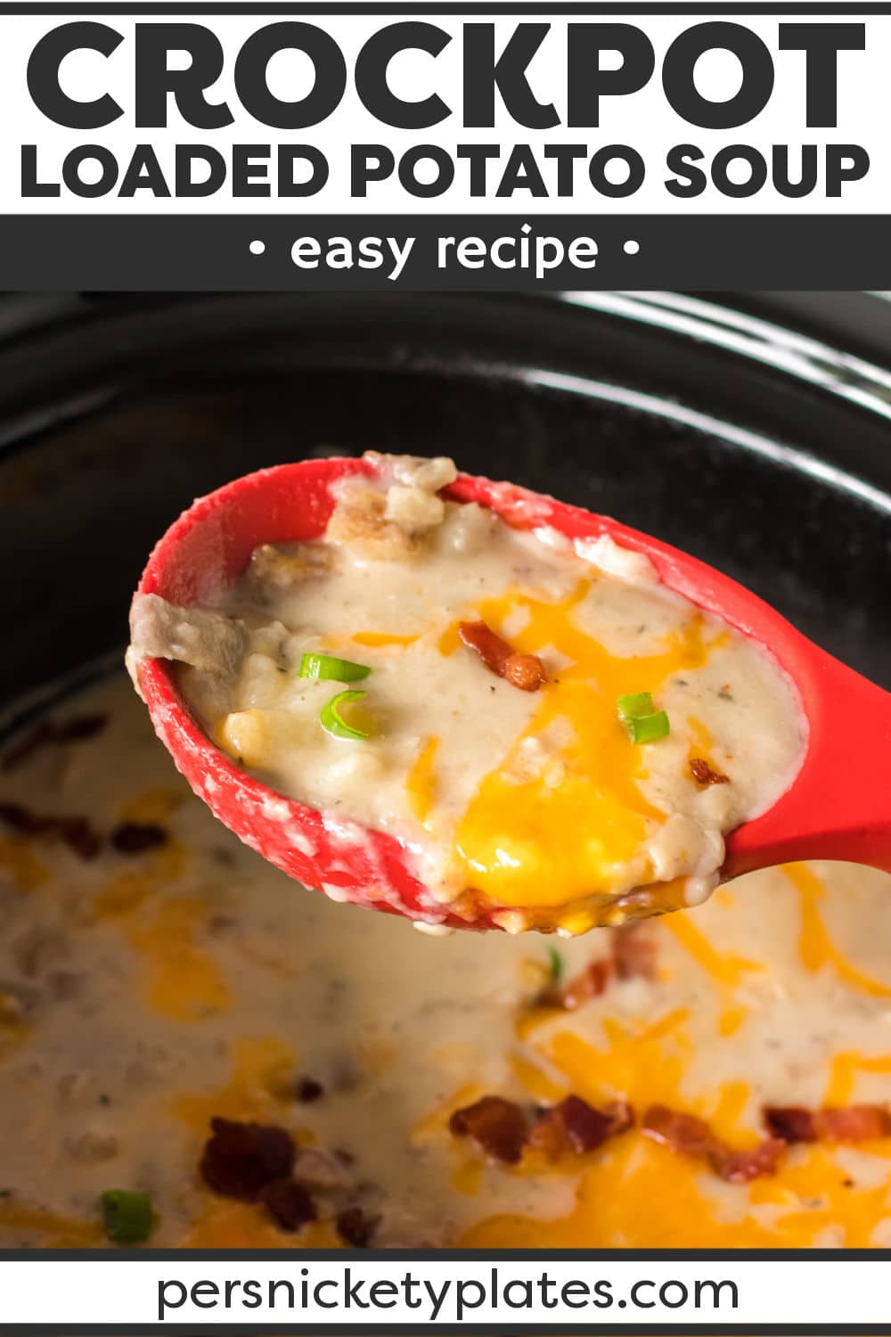 Slow cooker potato soup is thick, creamy, and tastes just like a loaded baked potato in the form of a warm and cozy soup! With just a few minutes of prep to sauté bacon and chop the potatoes (you don’t even need to peel them), it’s the crockpot that does all the work! | www.persnicketyplates.com