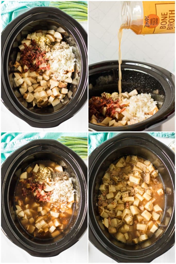collage of 4 photos showing the process of making crockpot potato soup.