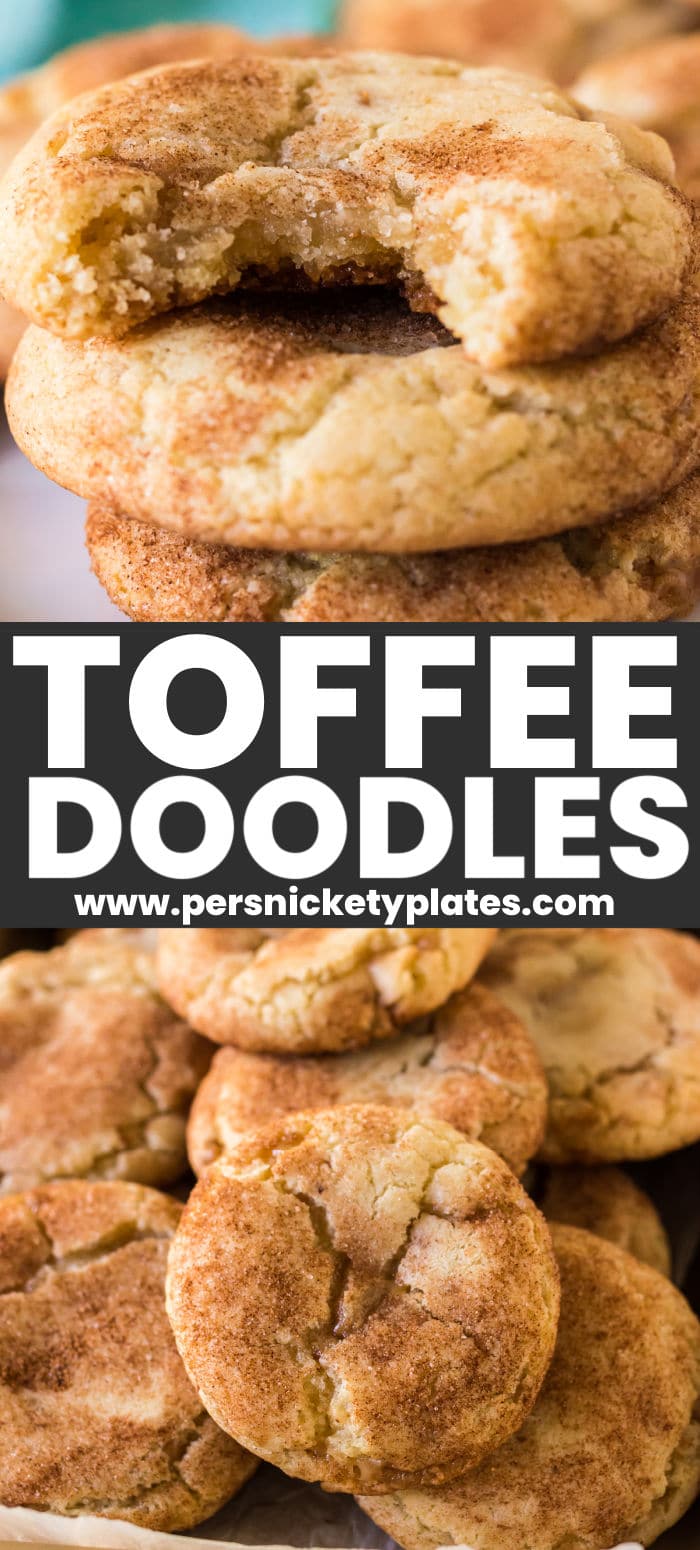 This easy Toffee Doodle cookie recipe takes everything you love about snickerdoodles up a notch by filling them with toffee bits! They are soft, chewy, and rolled in just the right amount of cinnamon and sugar. | www.persnicketyplates.com