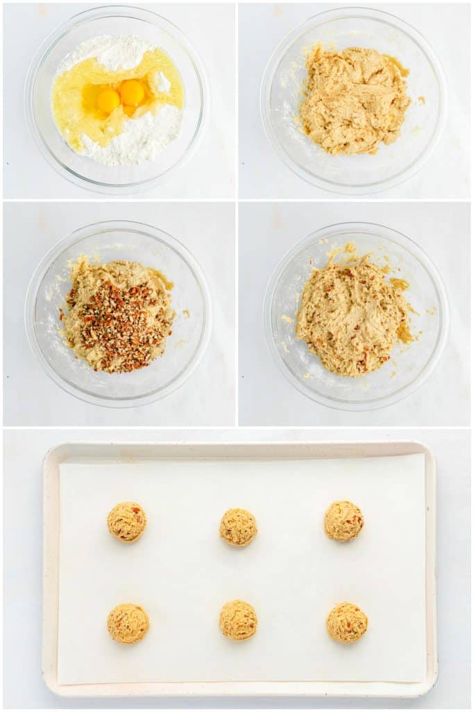 collage of 5 photos showing the process of making butter pecan cookie dough.