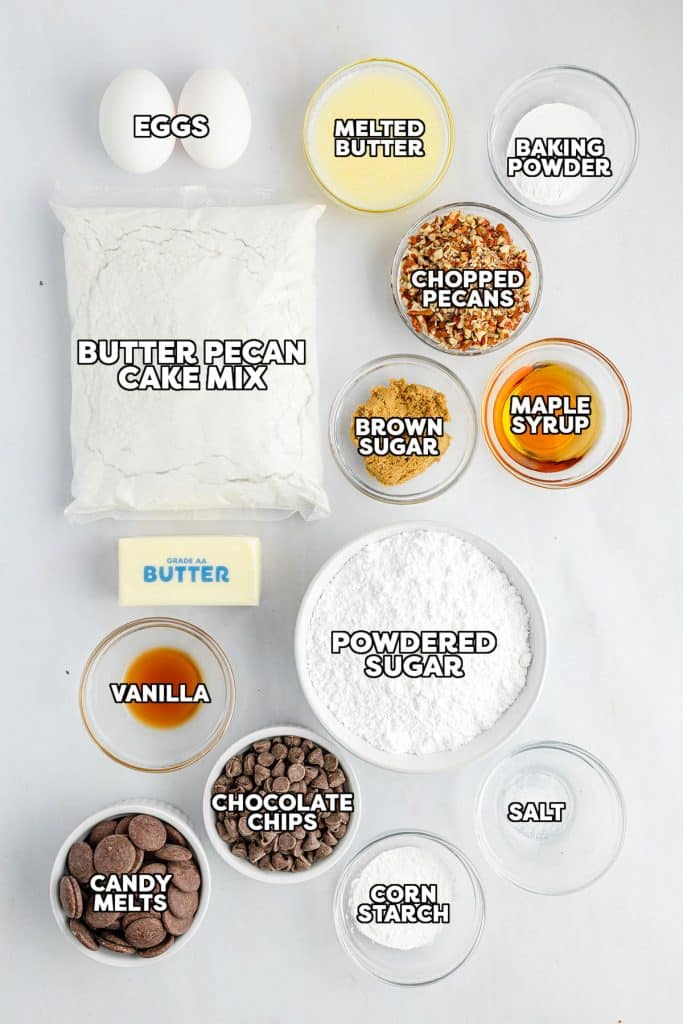 overhead shot of labeled ingredients laid out to make cake butter pecan cookies.