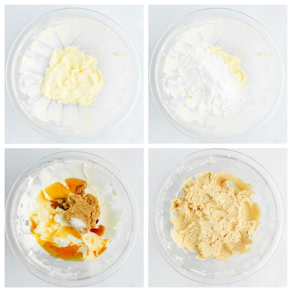 collage of 4 photos showing maple frosting being made.