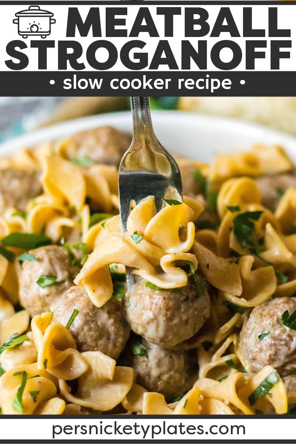 This easy slow cooker meatball stroganoff combines tender meatballs, cream of mushroom soup, sour cream, and a few other simple ingredients in a rich, creamy sauce served over egg noodles for all the classic flavors we love. Comfort food made easy in the crockpot! | www.persnicketyplates.com